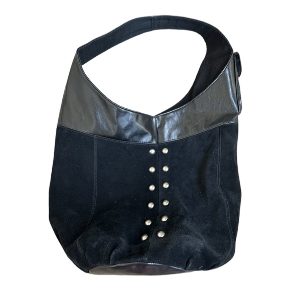 Vintage Isaac Mizrahi Y2K style black suede leather bag ,studded exterior pocket - Picture 1 of 5